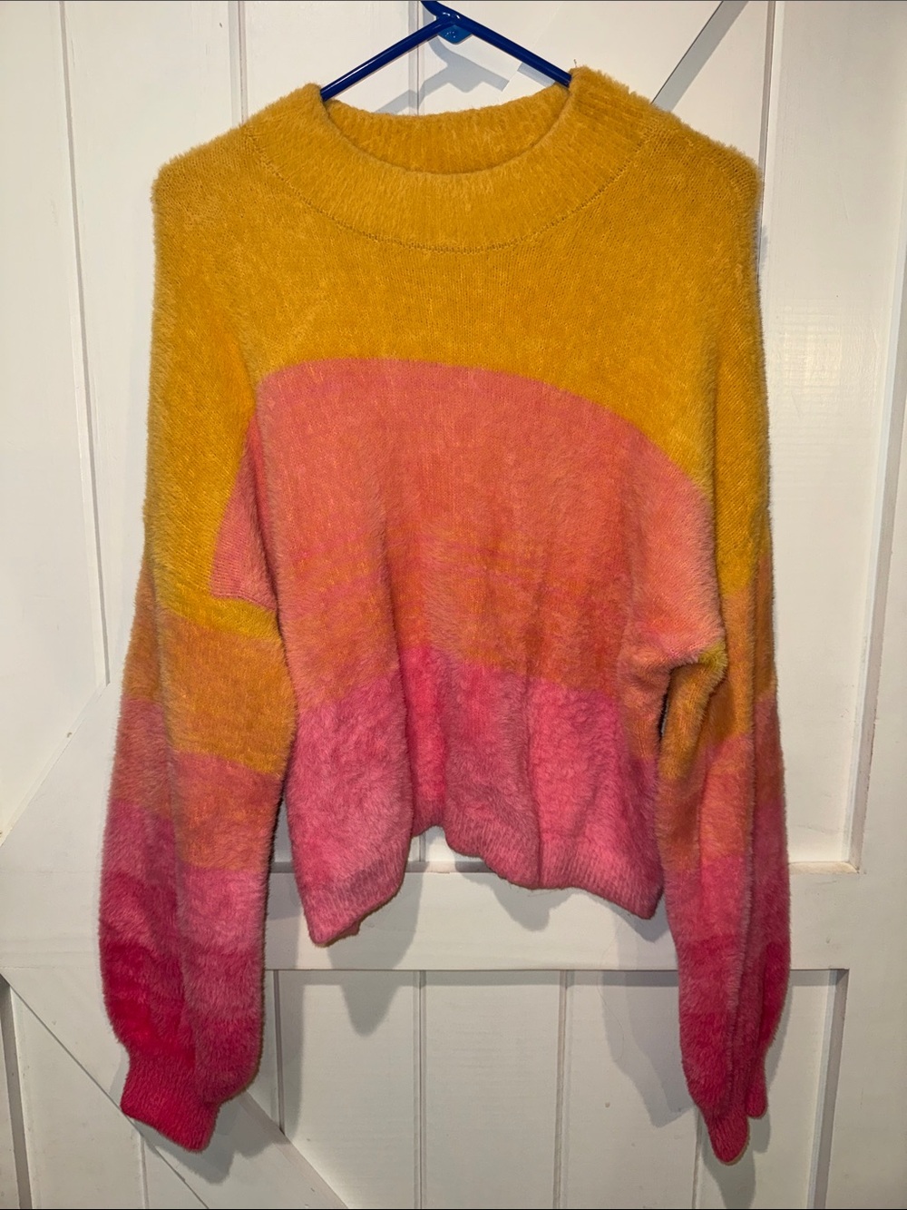 Fuzzy Colorblock Sweater Pink Yellow Ombre Soft Knit Pullover